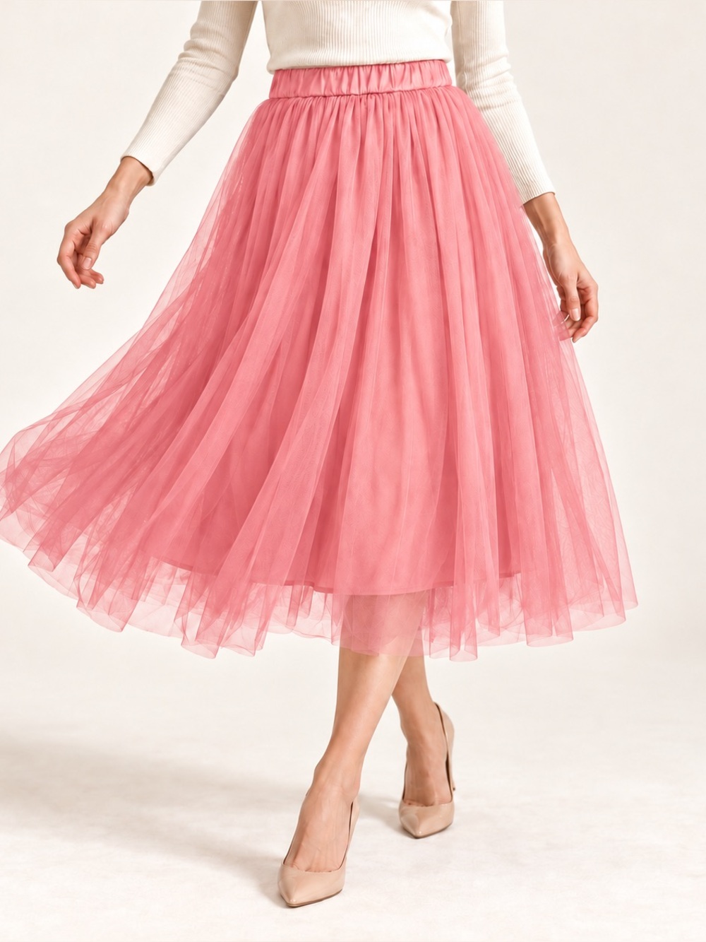 Pink Tulle Midi Skirt